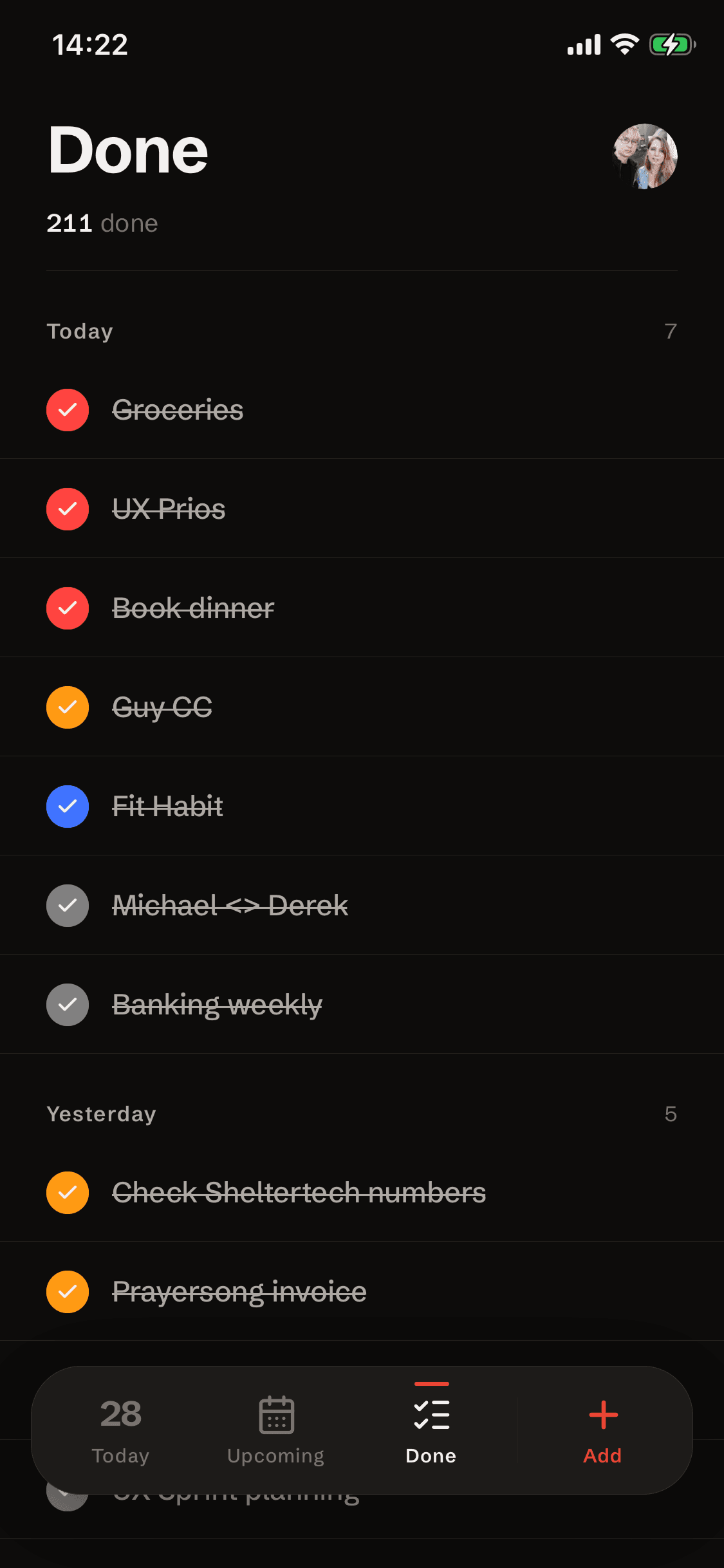 Done view showing 211 completed tasks grouped by Today and Yesterday