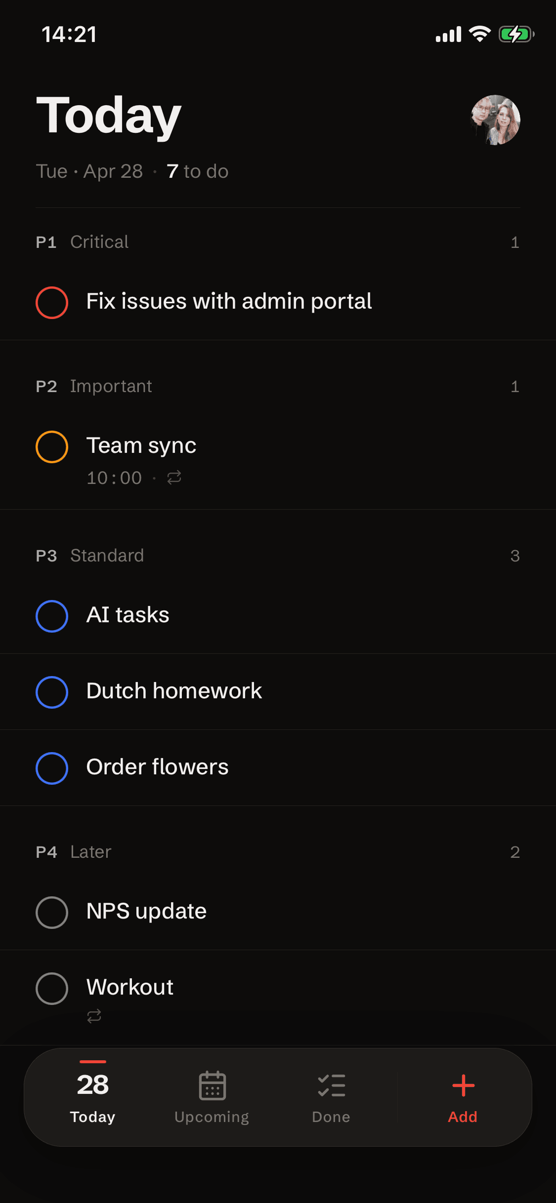 Today view in Do It on iPhone — seven tasks grouped by priority, with P1 Critical at the top