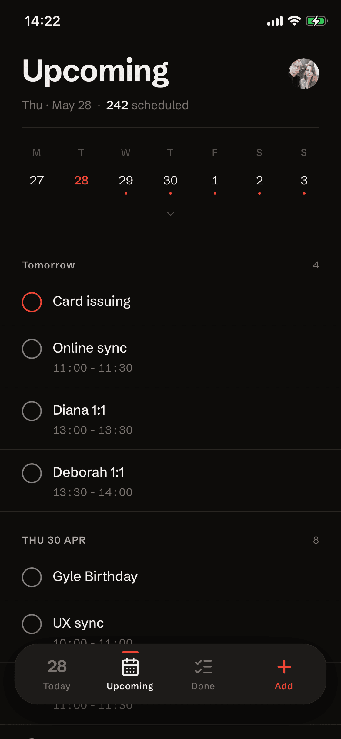 Upcoming view with mini calendar across the top and the next four days of scheduled tasks