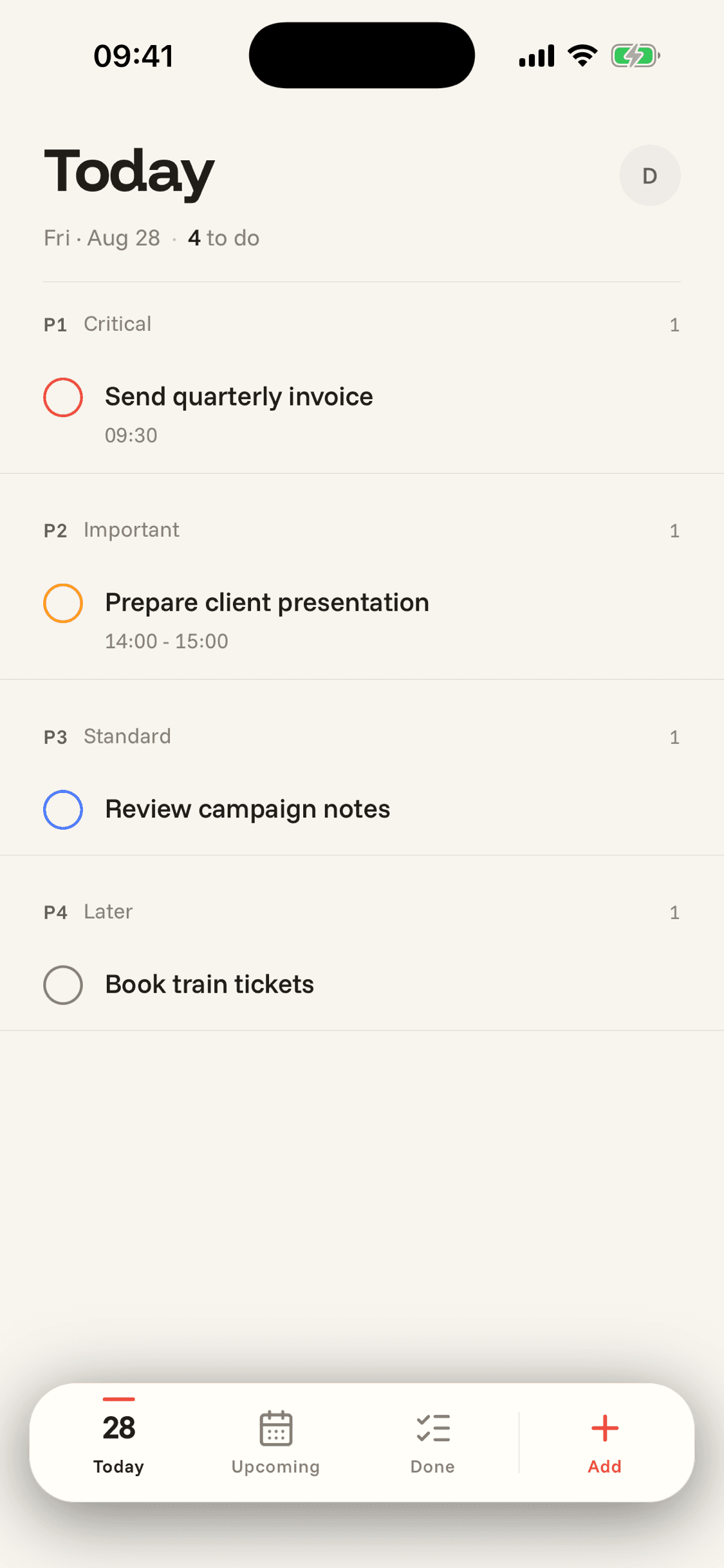 Do It Today screen with tasks organized by priority