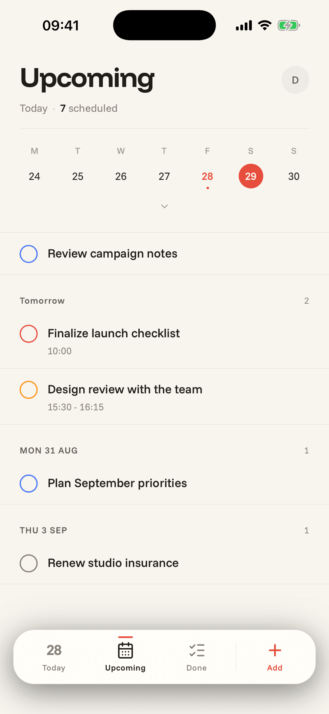 Do It Upcoming screen with a compact calendar and scheduled tasks
